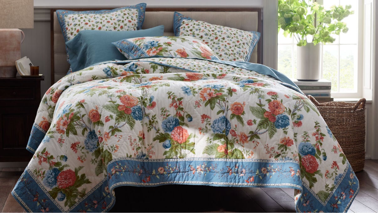 image of floral quilt in blues, pinks and greens